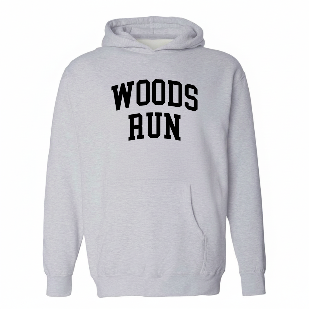 Heather-gray hoodie with the Woods Run varsity arched lettering design on the chest.