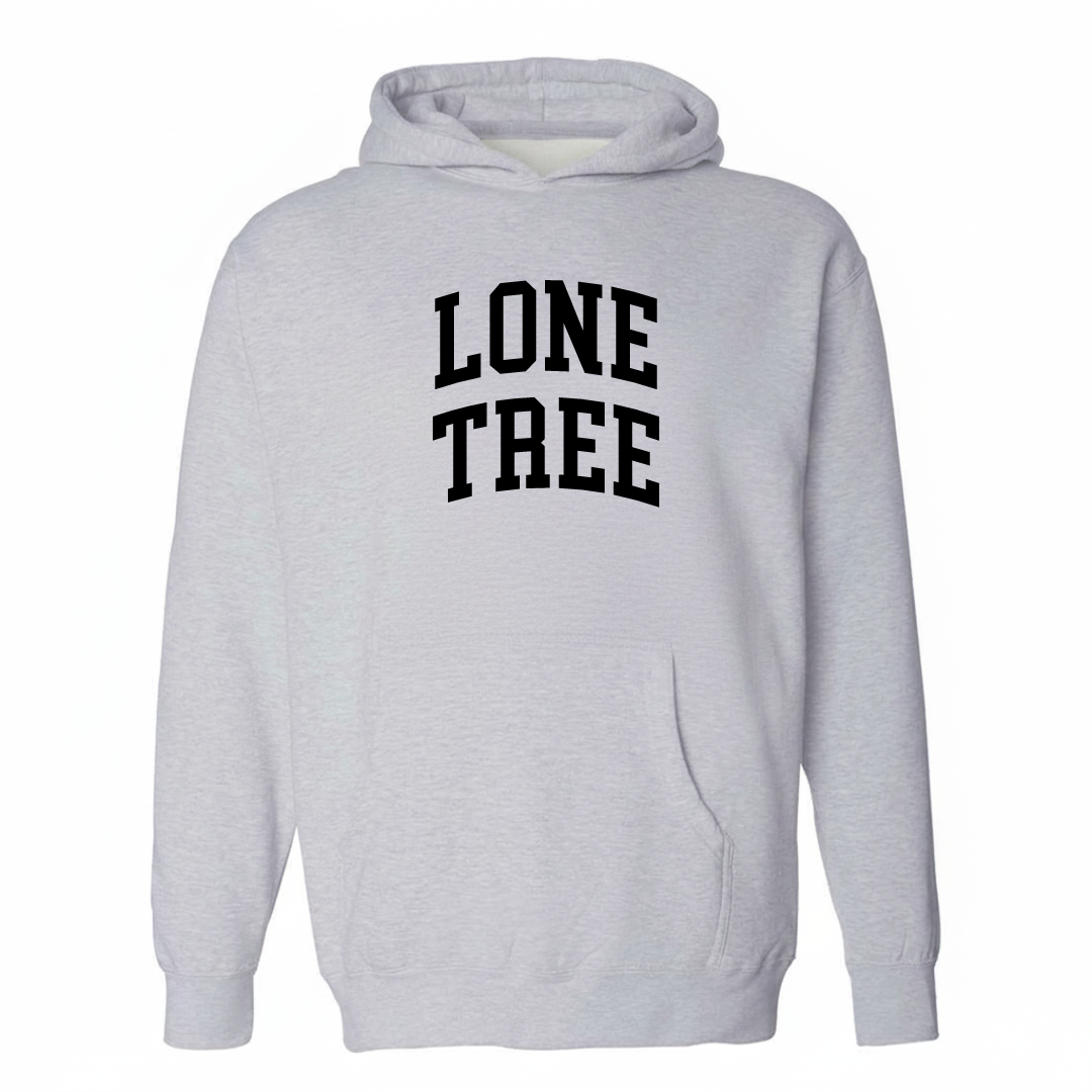 Heather-gray hoodie with the Lone Tree varsity arched lettering design on the chest.