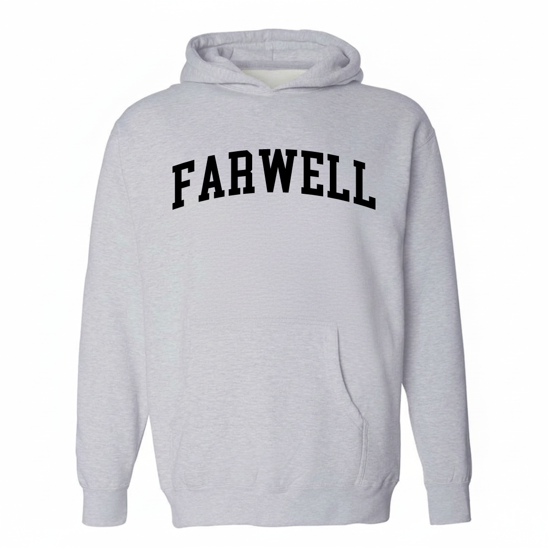 Heather-gray hoodie with the Farwell varsity arched lettering design on the chest.