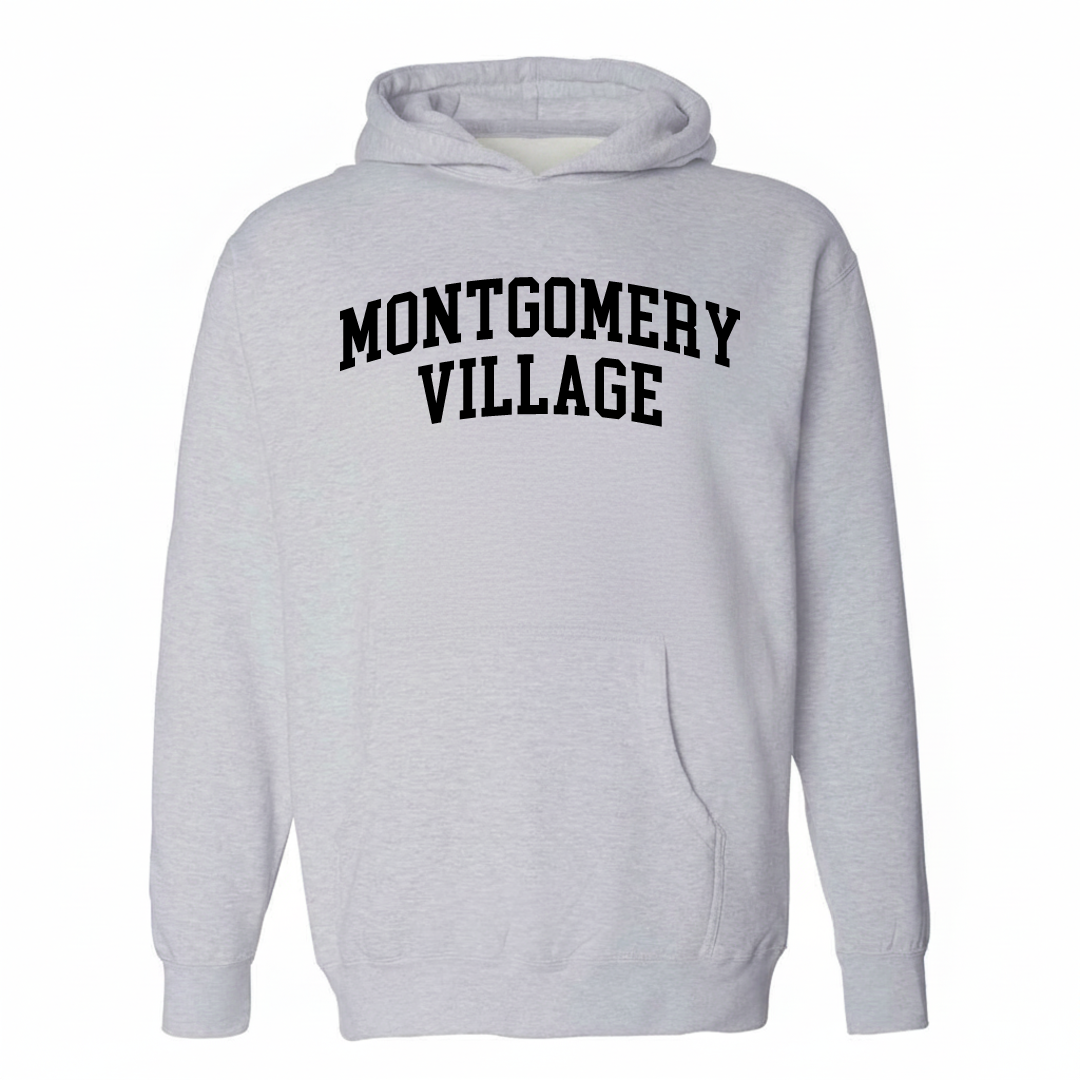 Heather-gray hoodie with the Montgomery Village arched lettering design on the chest.