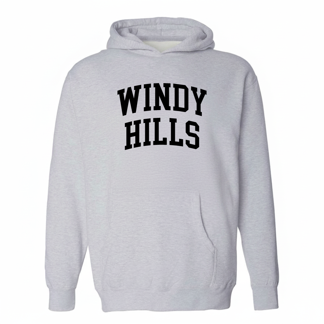 Heather-gray hoodie with the Windy Hills varsity arched lettering design on the chest.