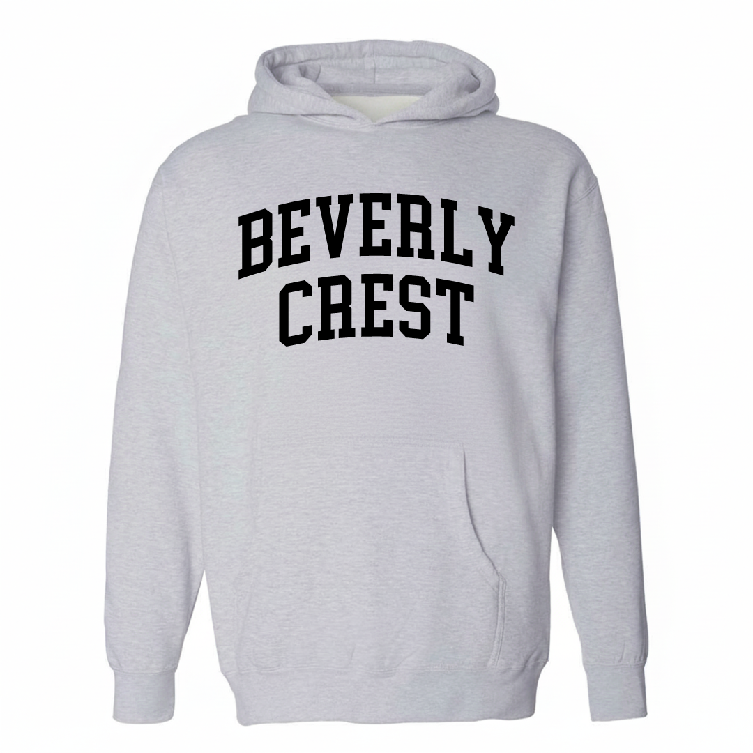 Heather-gray hoodie with the Beverly Crest arched lettering design on the chest.