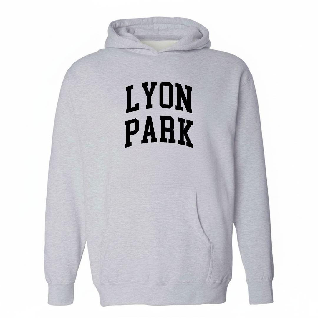 Heather-gray hoodie with the Lyon Park varsity arched lettering design on the chest.