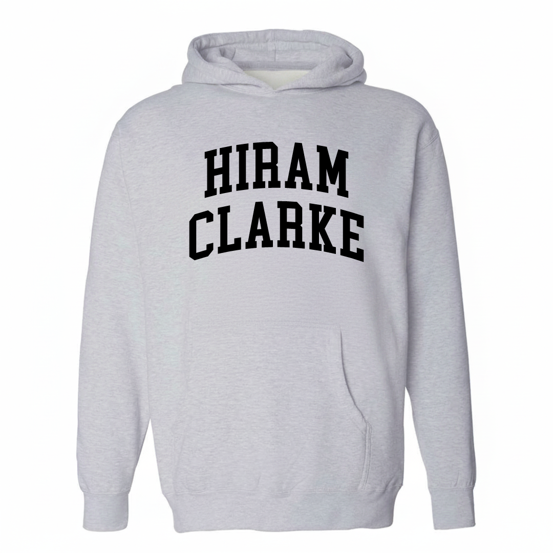 Heather-gray hoodie with the Hiram Clarke varsity arched lettering design on the chest.