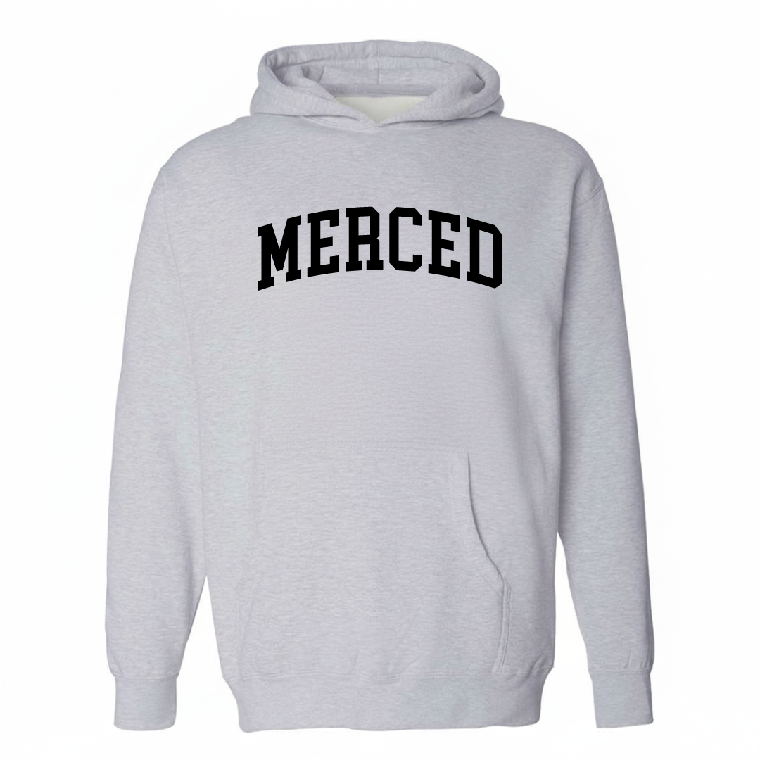 Heather-gray hoodie with the Merced varsity arched lettering design on the chest.