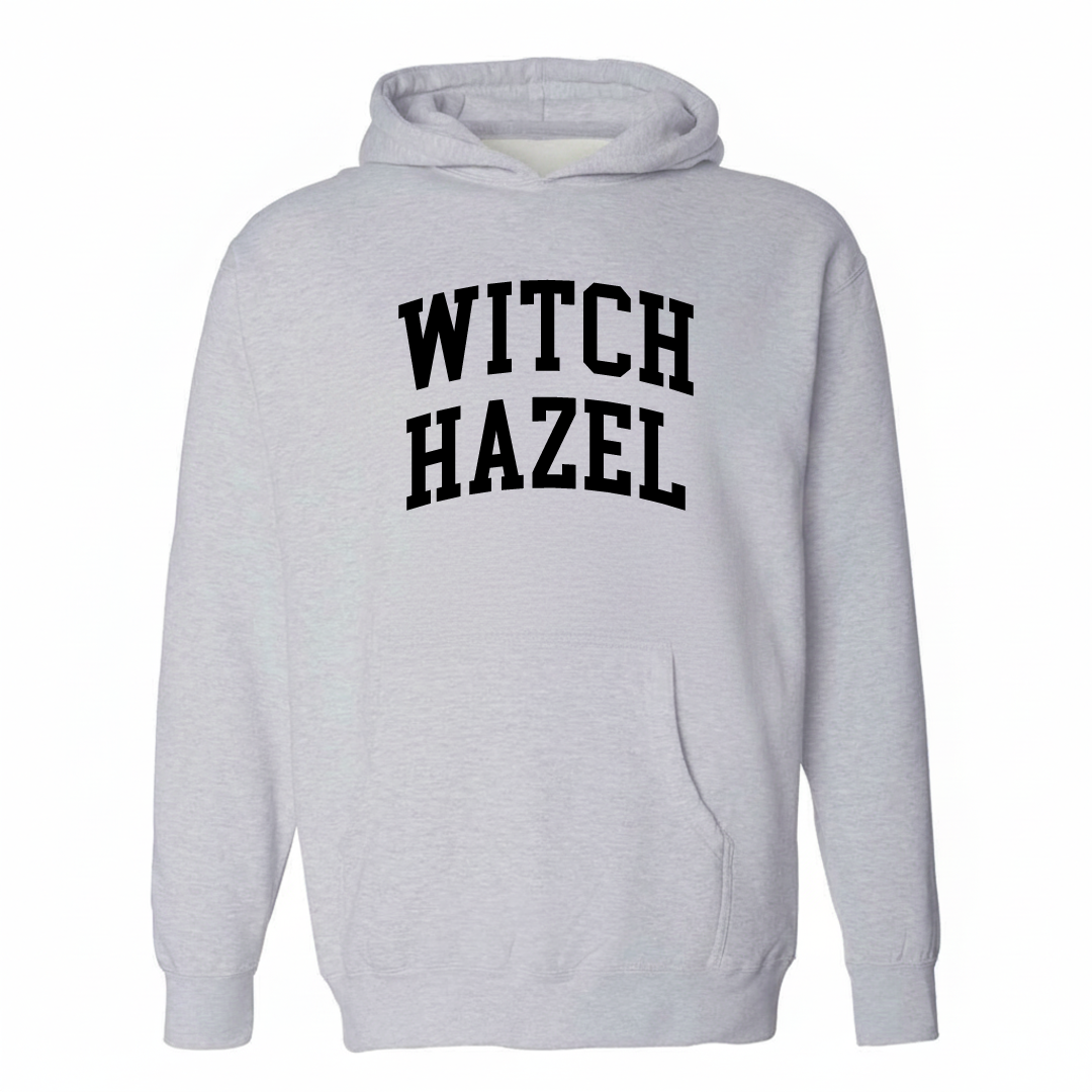 Heather-gray hoodie with the Witch Hazel varsity arched lettering design on the chest.