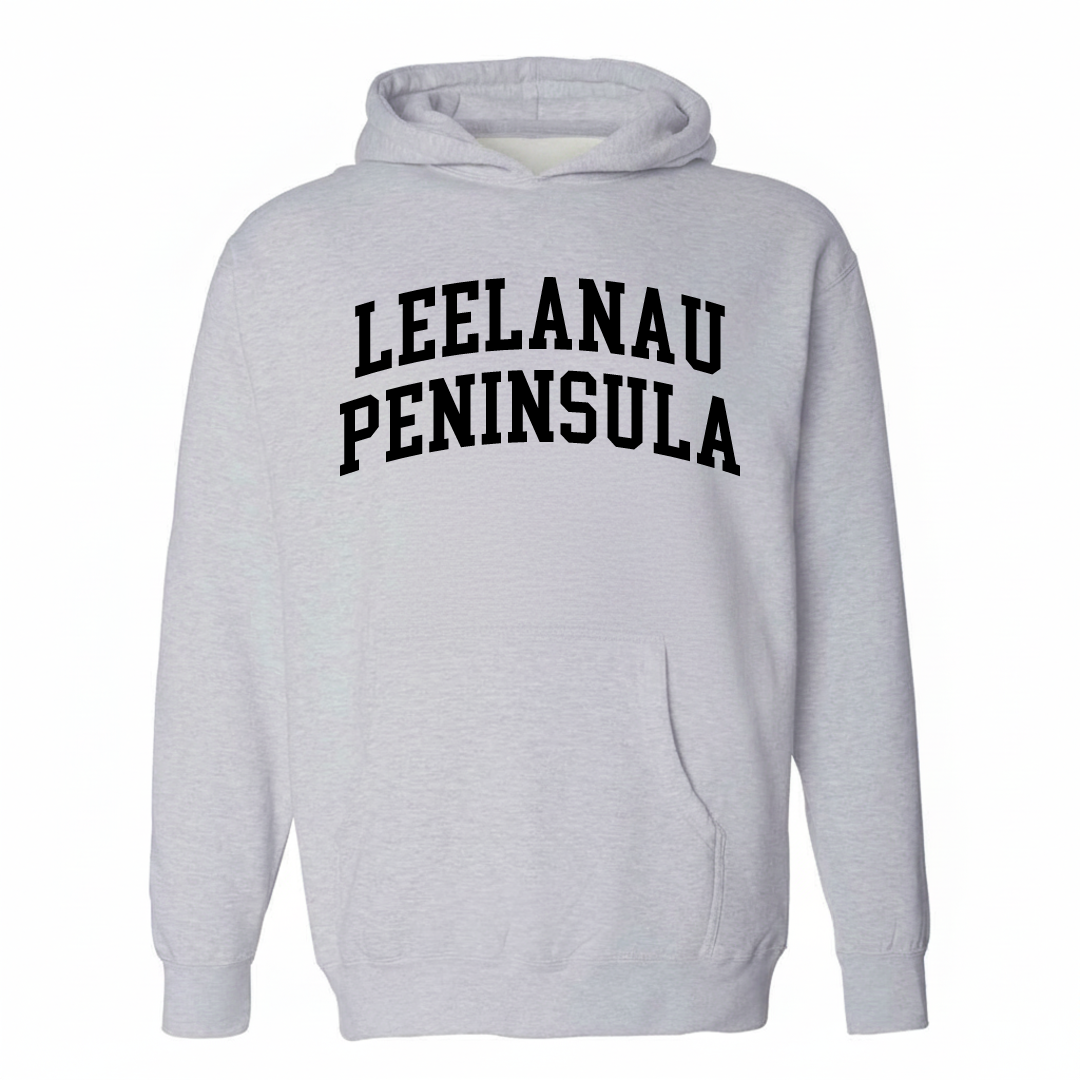 Heather-gray hoodie with the Leelanau Peninsula varsity arched lettering design on the chest.