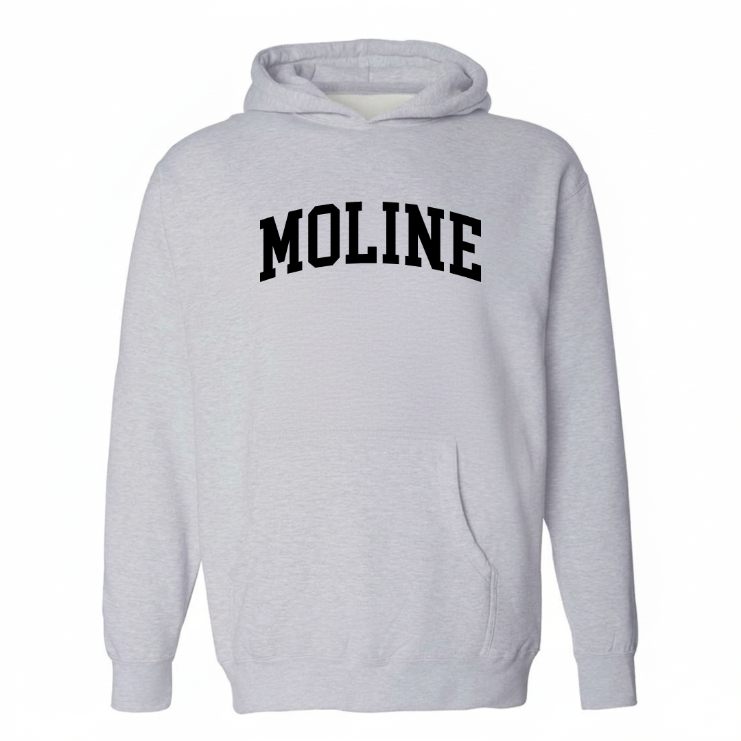 Heather-gray hoodie with the Moline arched lettering design on the chest.