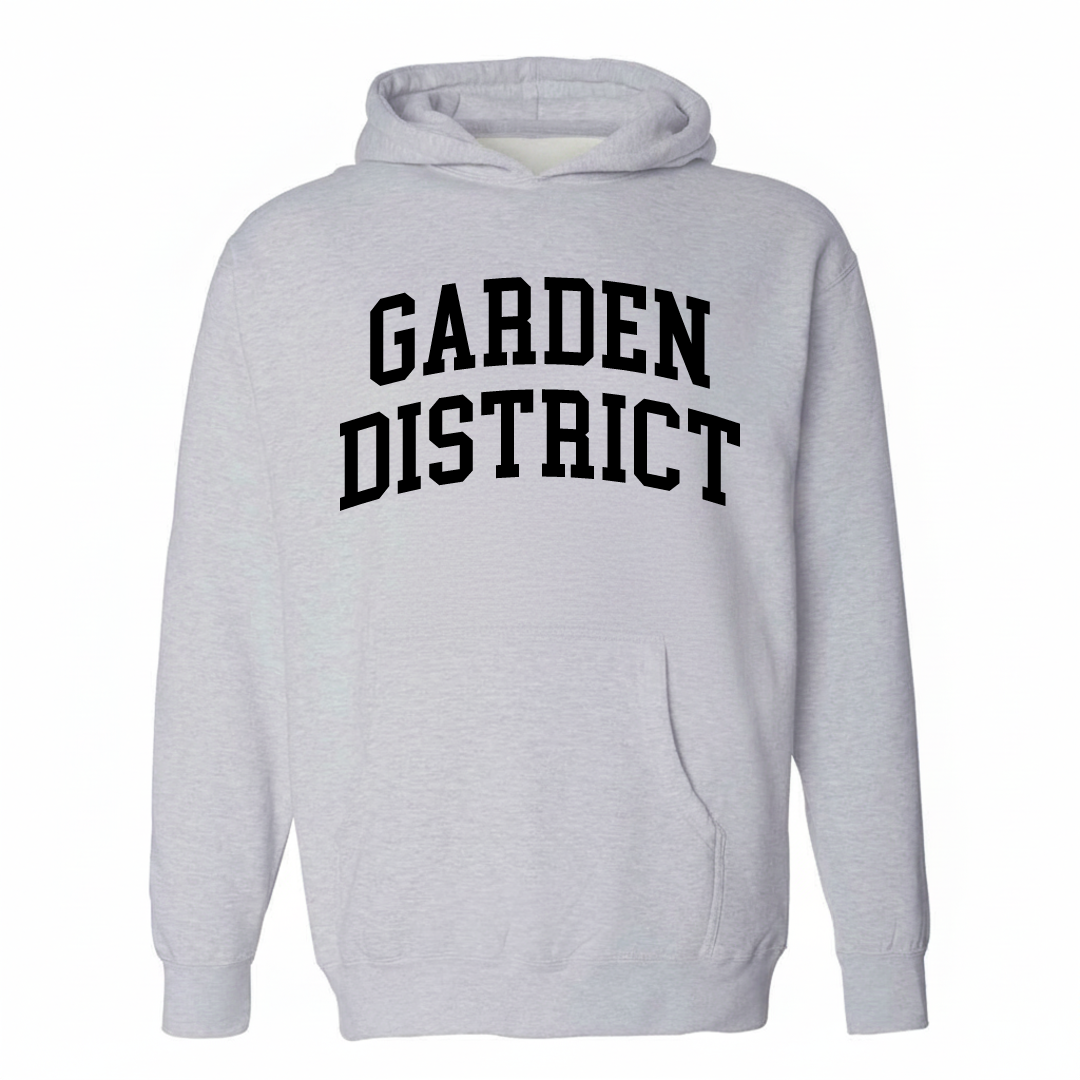 Heather-gray hoodie with the Garden District arched varsity lettering design on the chest.