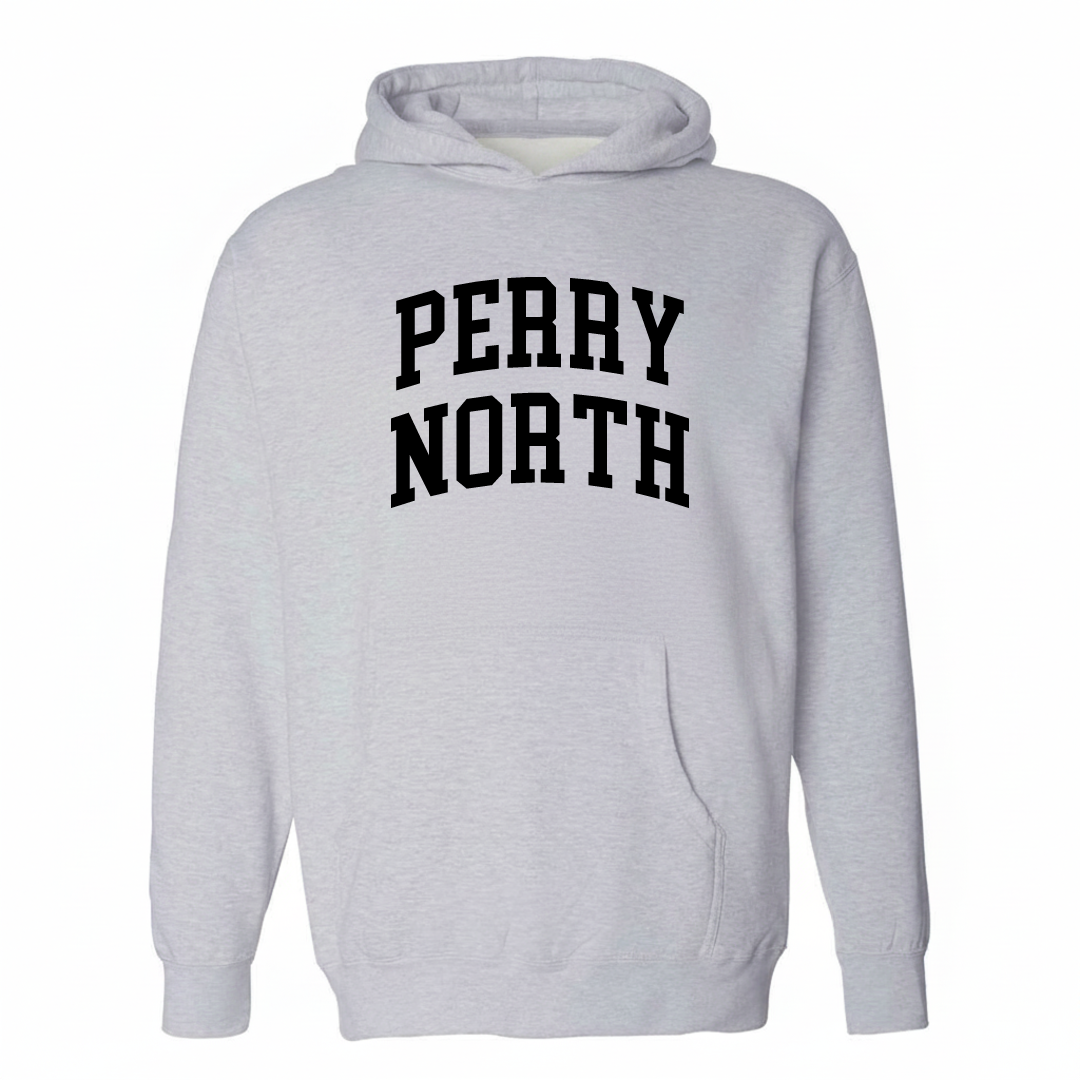 Heather-gray hoodie with the Perry North varsity arched lettering design on the chest.