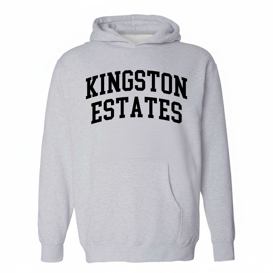 Heather-gray hoodie with the Kingston Estates arched varsity lettering design on the chest.