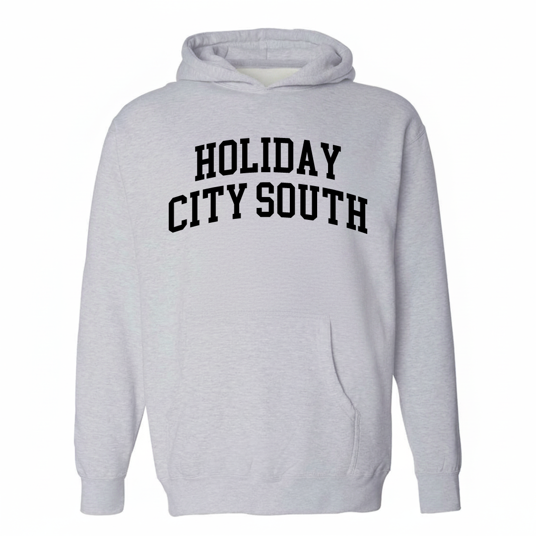 Heather-gray hoodie with the Holiday City South varsity arched lettering design on the chest.
