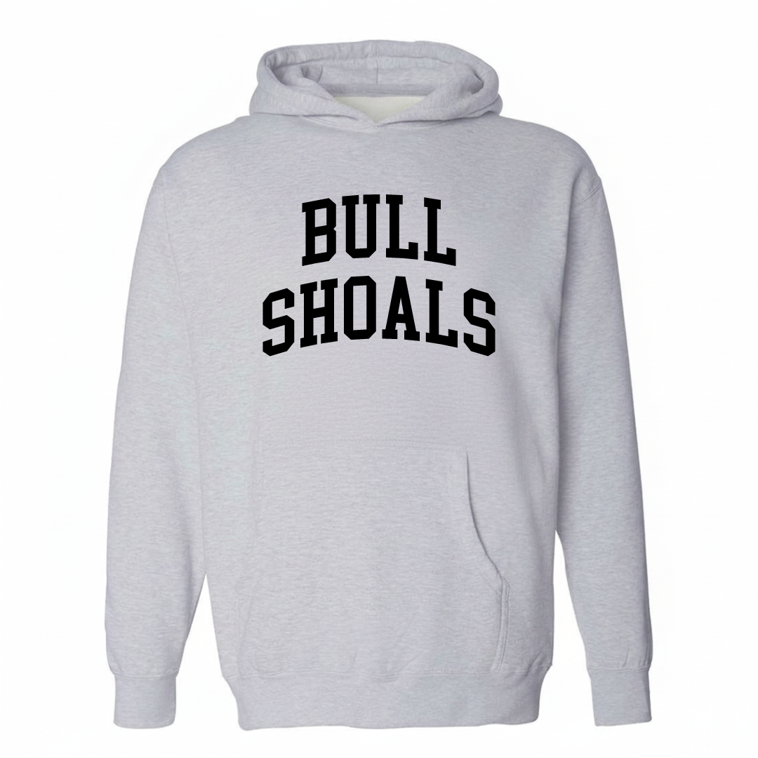 Heather-gray hoodie with the Bull Shoals arched lettering varsity-collegiate design on the chest.