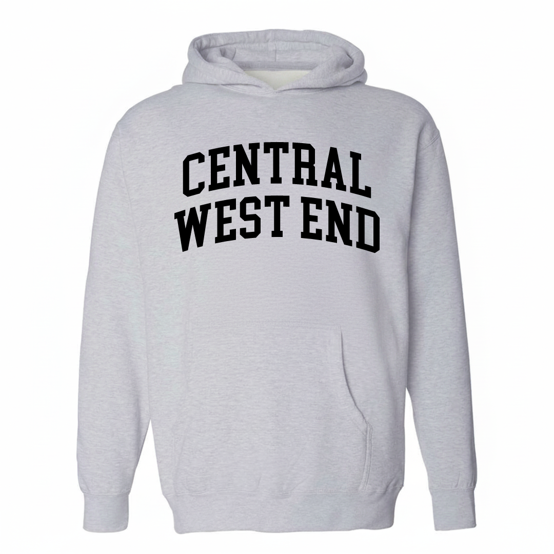 Heather-gray hoodie with the Central West End varsity arched lettering design on the chest.