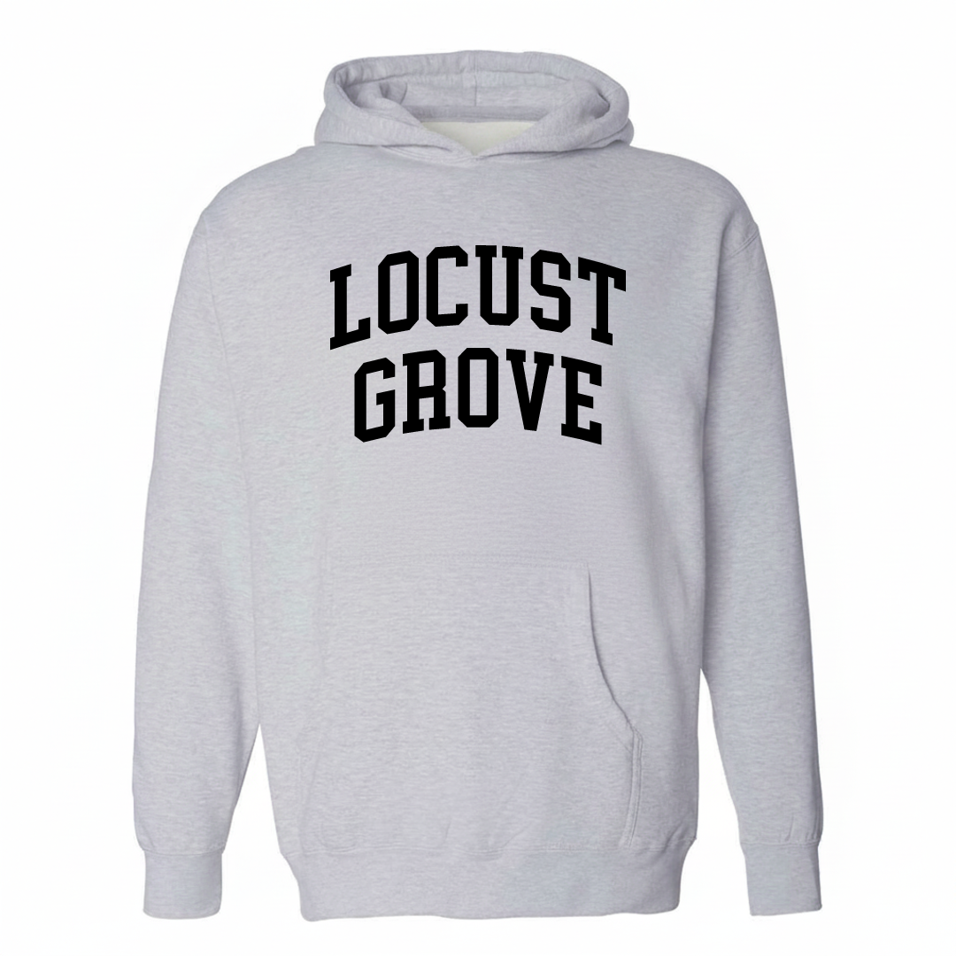 Heather-gray hoodie with the Locust Grove varsity arched lettering design on the chest.