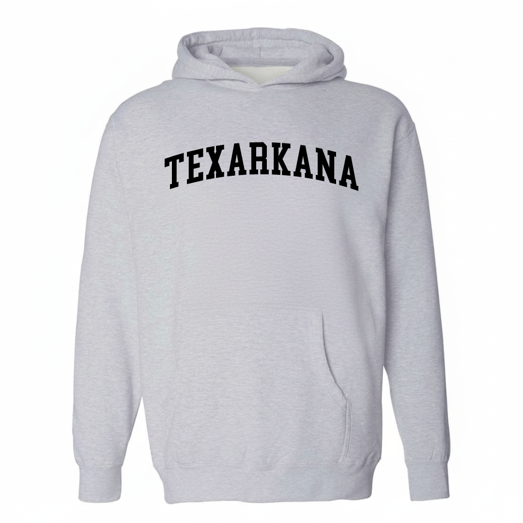 Heather-gray hoodie with the Texarkana varsity arched lettering design on the chest.