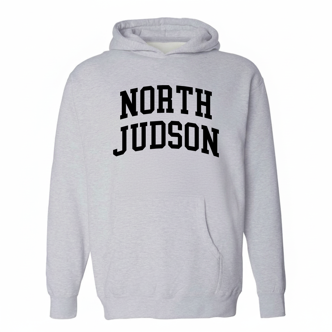 Heather-gray hoodie with the North Judson arched lettering design on the chest.