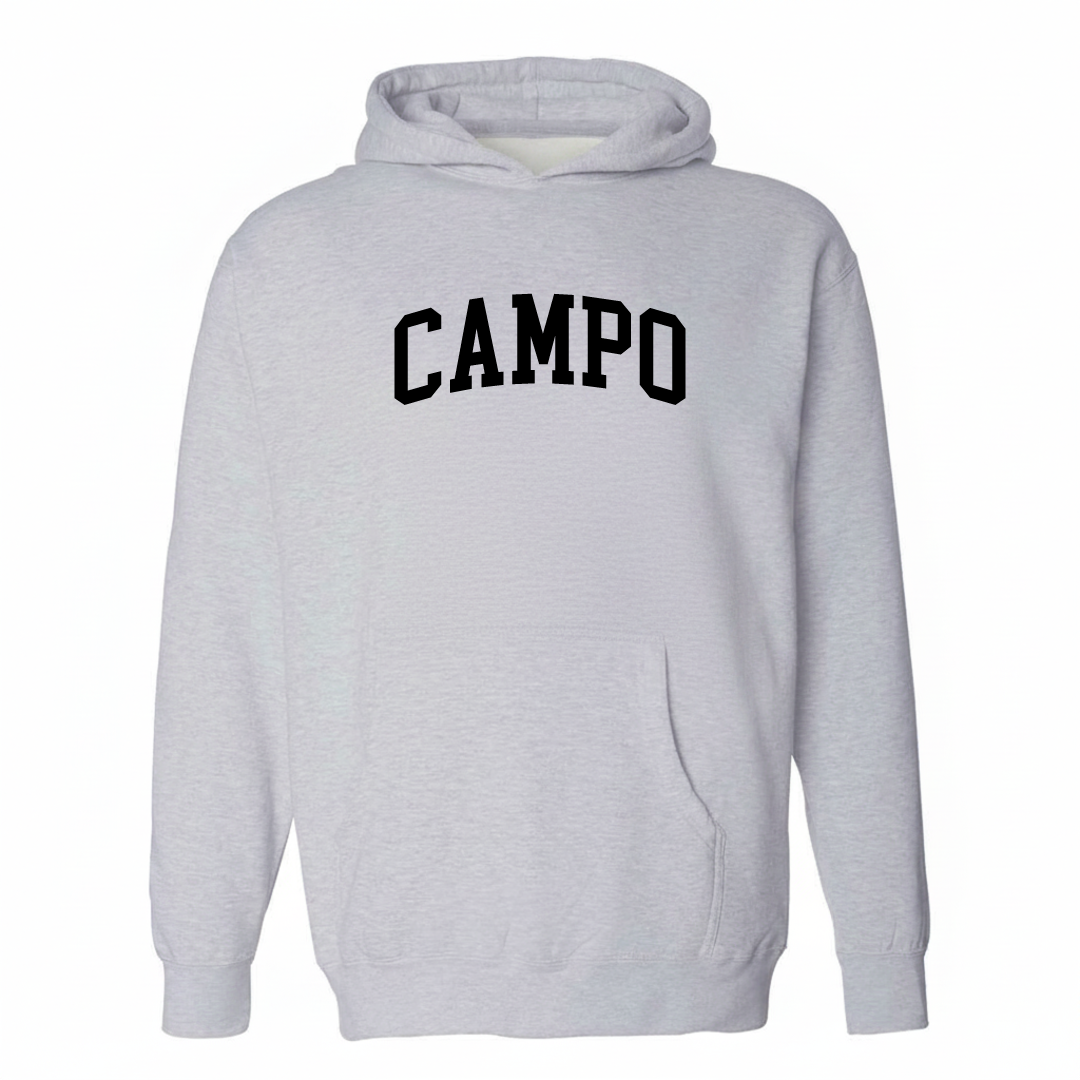 Heather-gray hoodie with the Campo varsity arched lettering design on the chest.