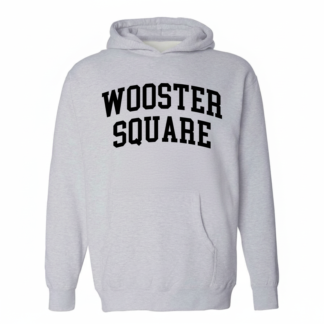 Heather-gray hoodie with the Wooster Square varsity arched lettering design on the chest.
