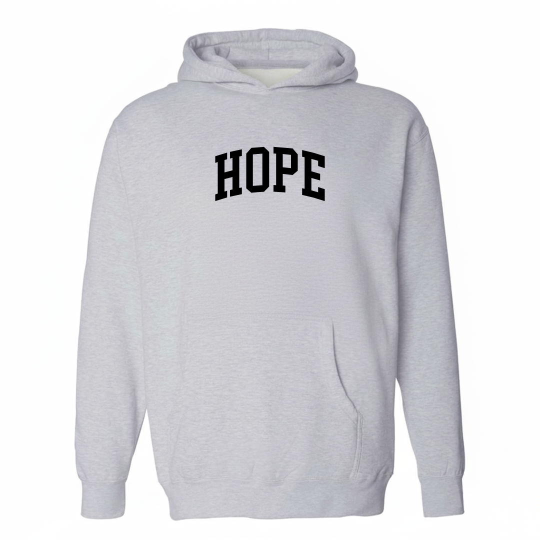 Heather-gray hoodie with the Hope NJ varsity arched lettering design on the chest.