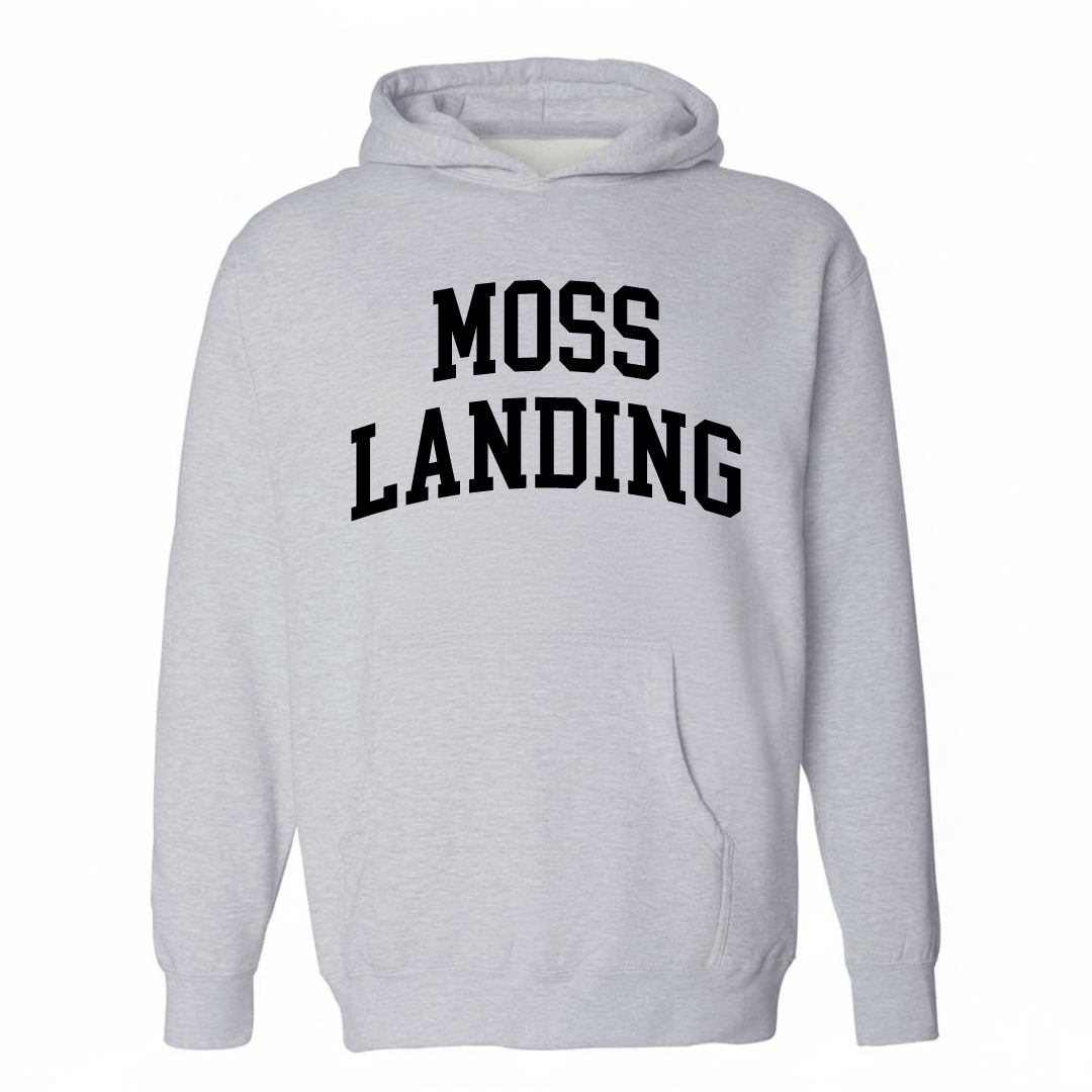 Heather-gray hoodie with the Moss Landing varsity arched lettering design on the chest.