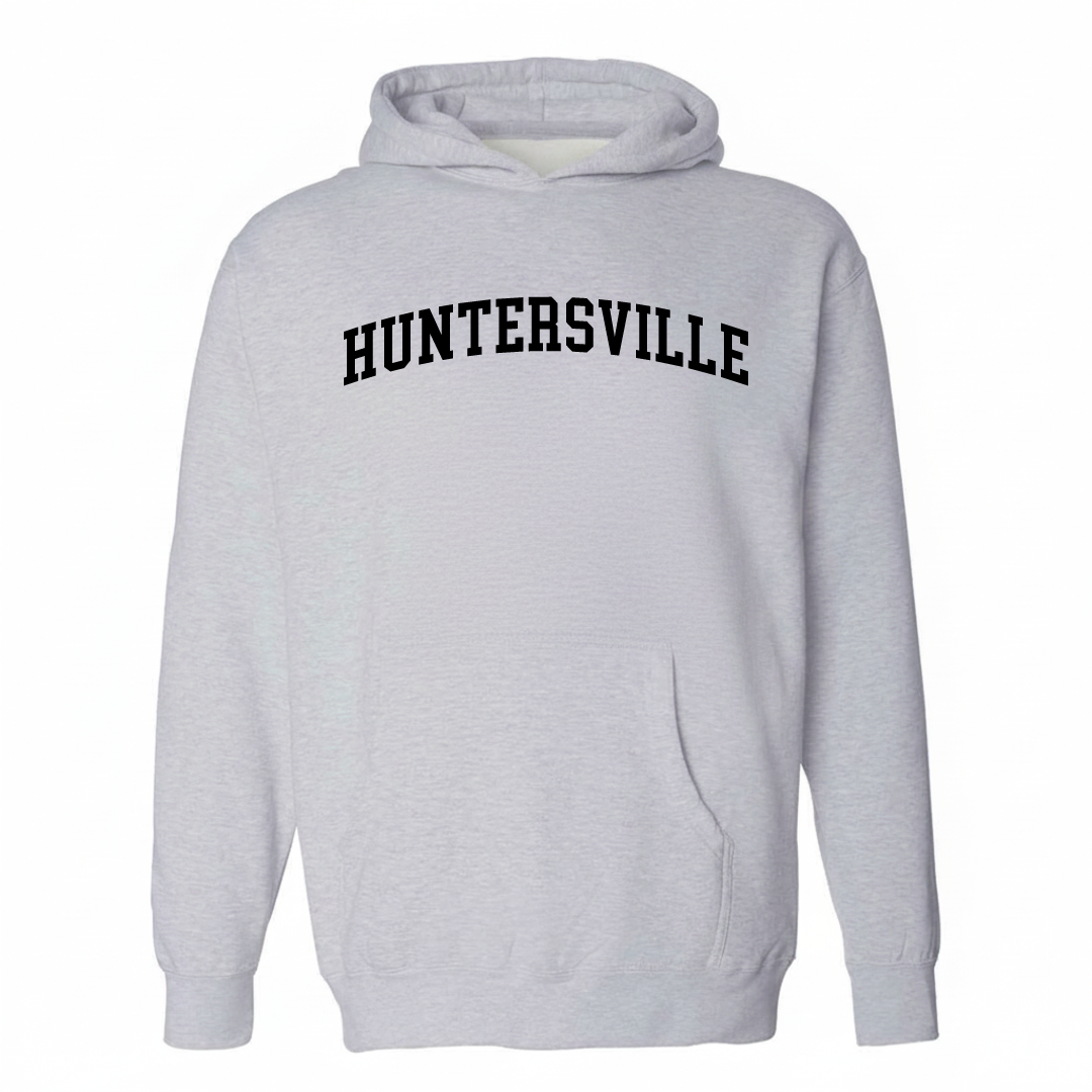 Heather-gray hoodie with the Huntersville arched varsity lettering design on the chest.