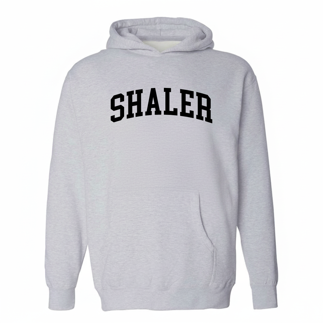 Heather-gray hoodie with the Shaler varsity arched lettering design on the chest.