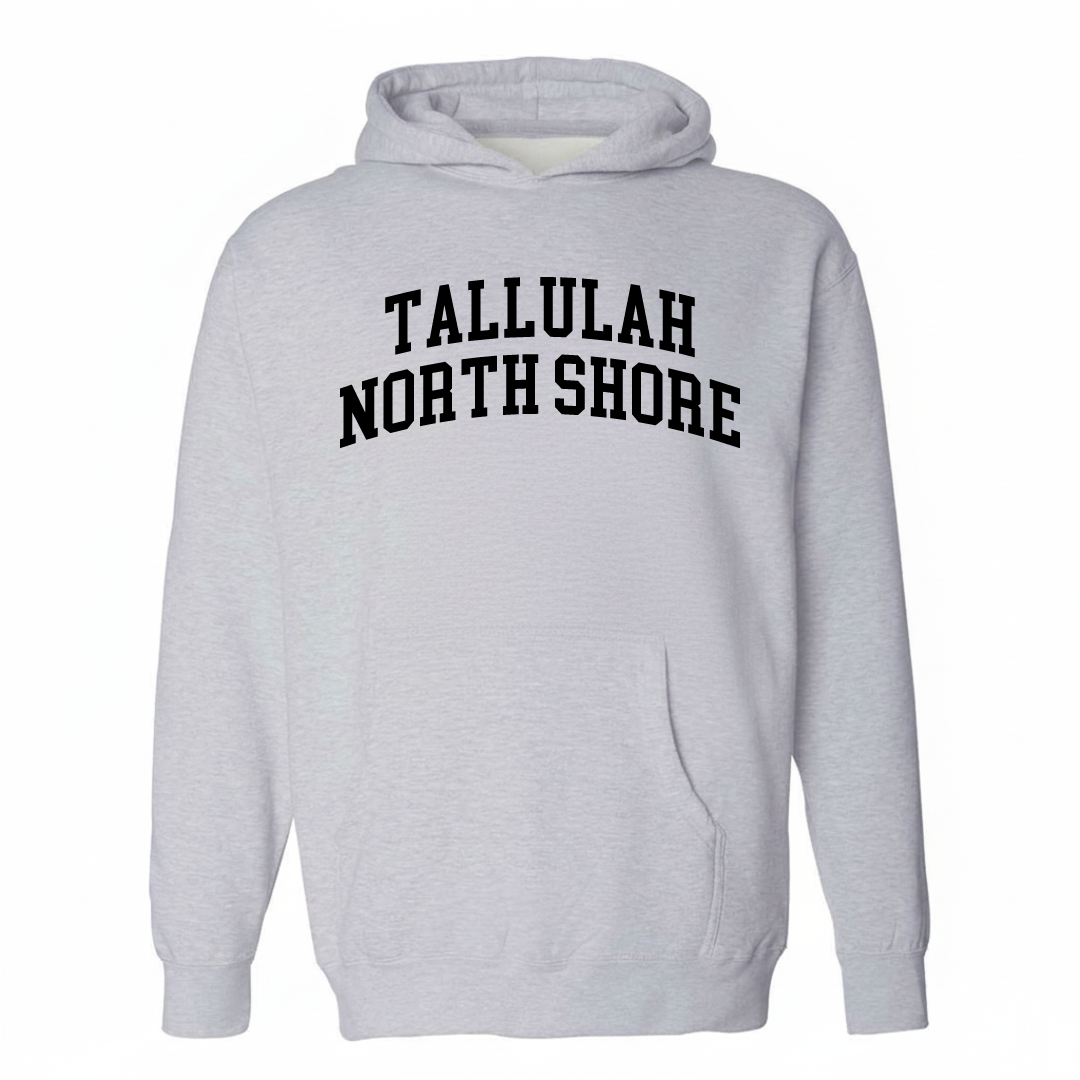 Heather-gray hoodie with the Tallulah-North Shore varsity arched lettering design on the chest.