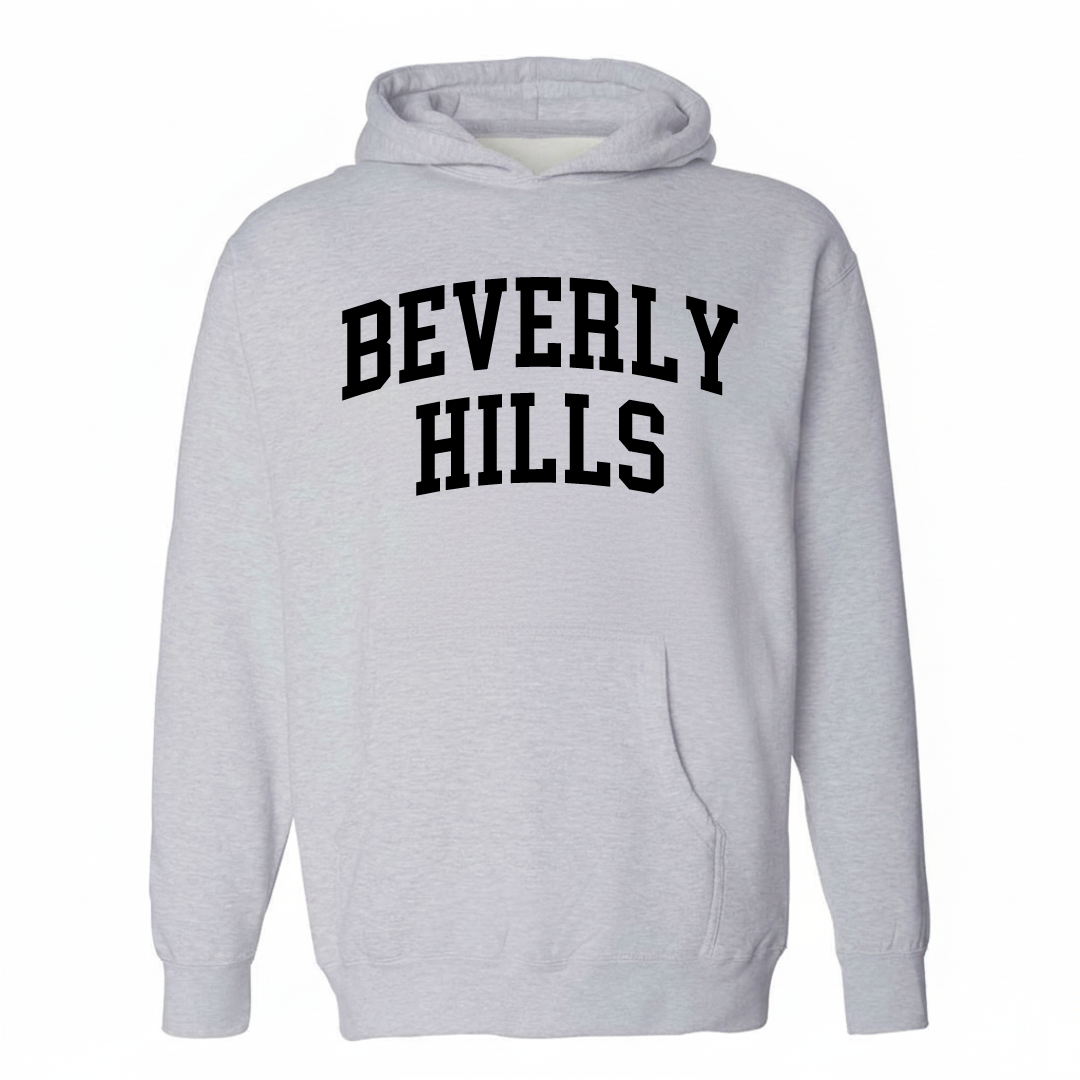 Heather-gray hoodie with the Beverly Hills varsity arched lettering design on the chest.