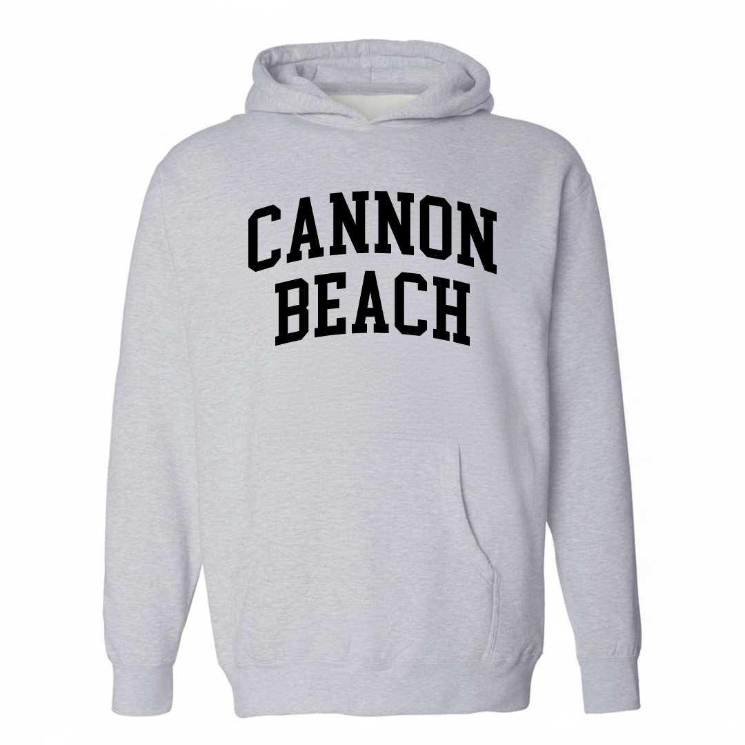 Heather-gray hoodie with the Cannon Beach varsity arched lettering design on the chest.