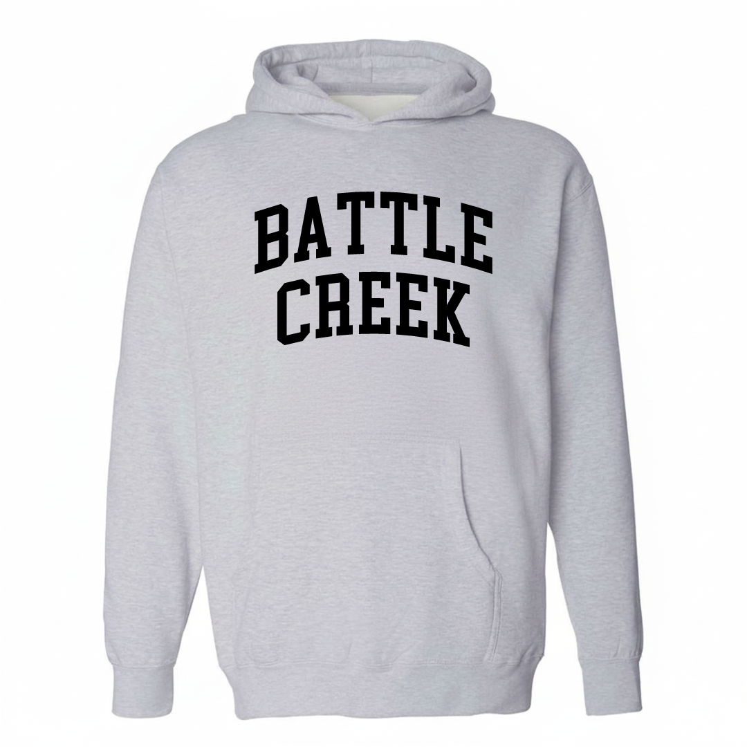 Heather-gray hoodie with the Battle Creek varsity arched lettering design on the chest.