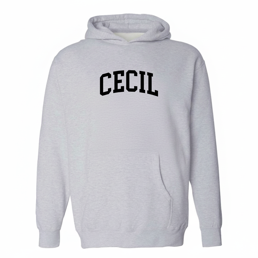 Heather-gray hoodie with the Cecil Township varsity arched lettering design on the chest.