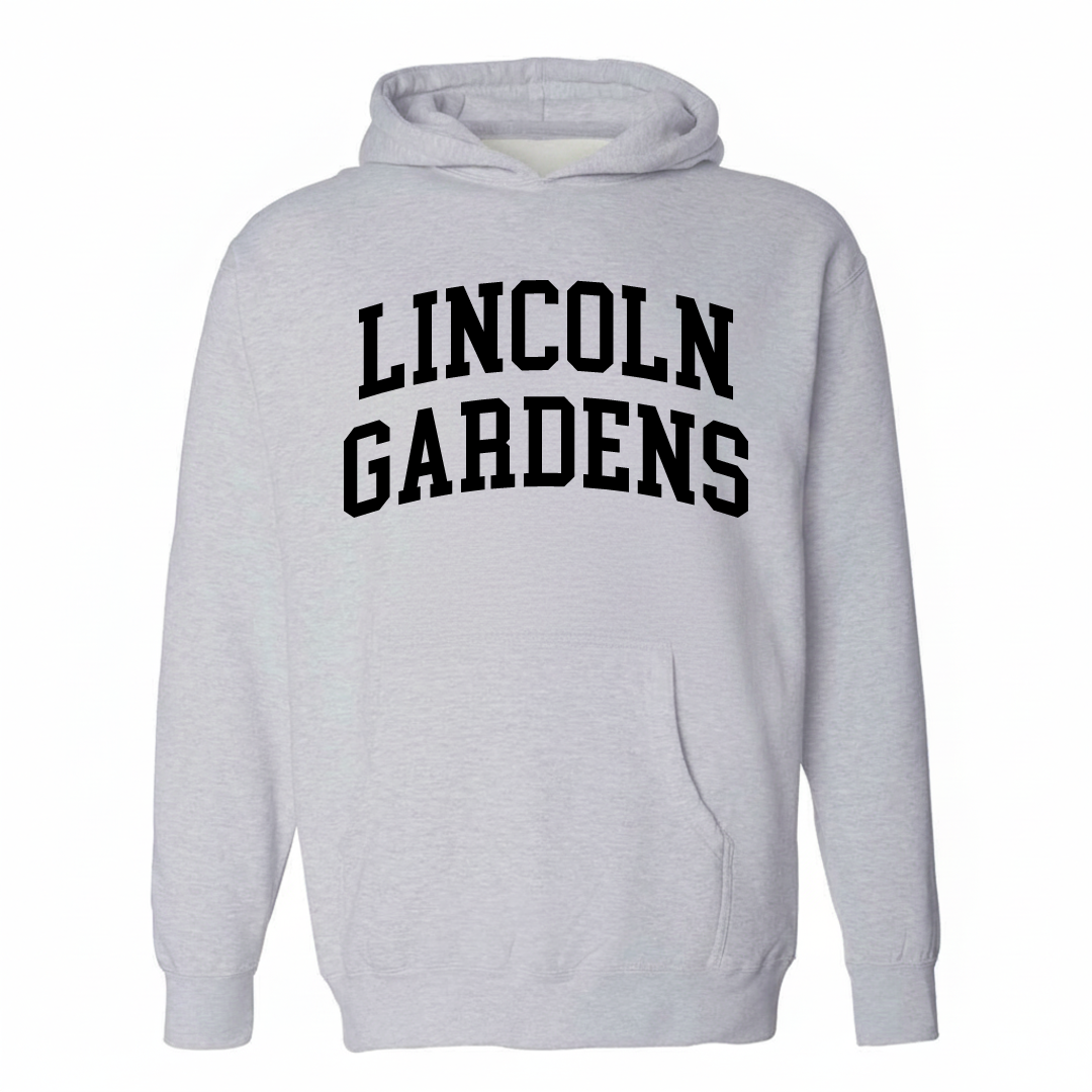 Heather-gray hoodie with the Lincoln Gardens varsity arched lettering design on the chest.