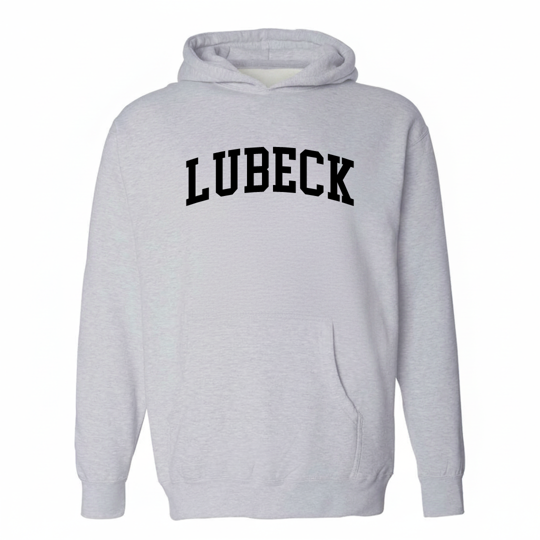 Heather-gray hoodie with the Lubeck varsity arched lettering design on the chest.