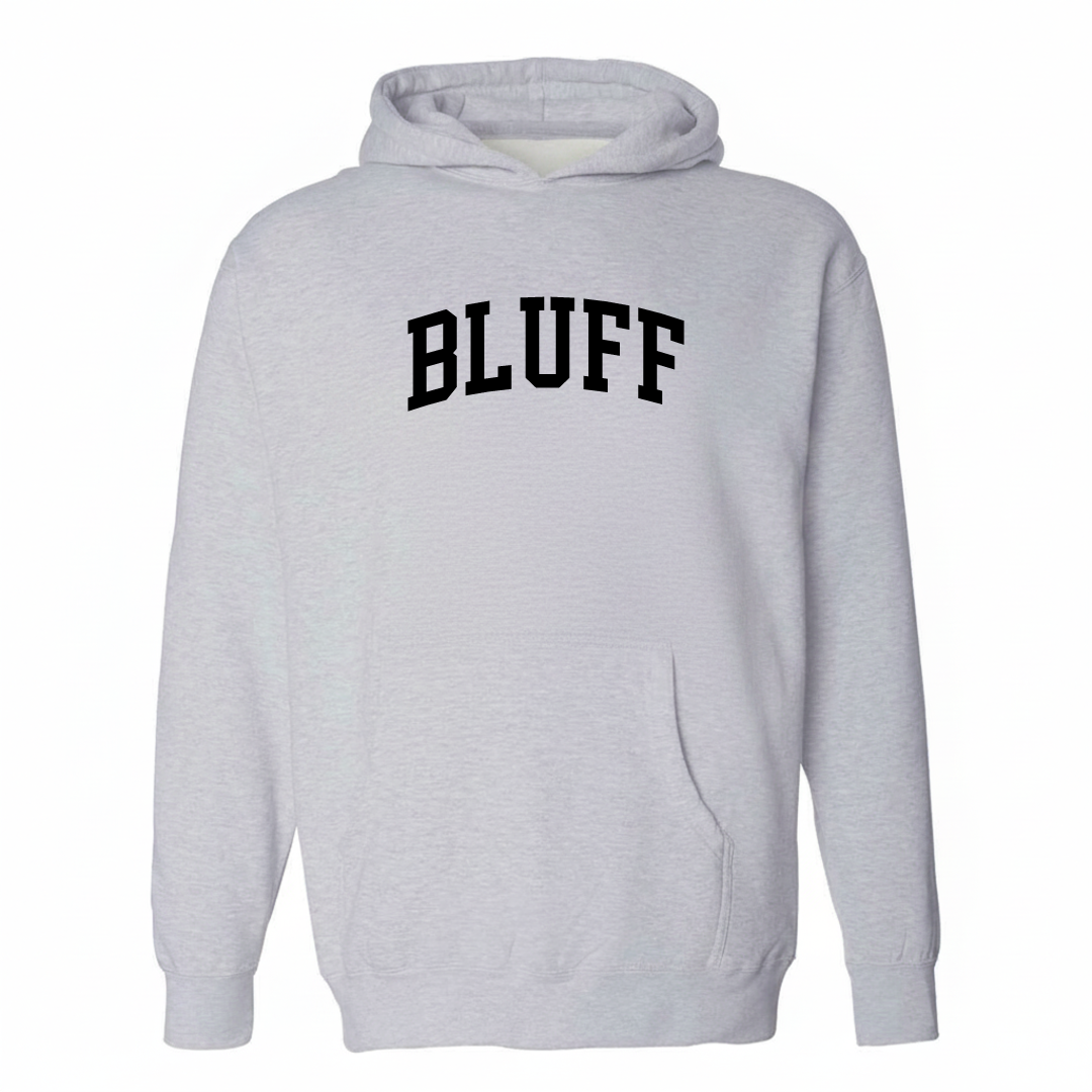 Heather-gray hoodie with the Bluff Pittsburgh varsity arched lettering design on the chest.