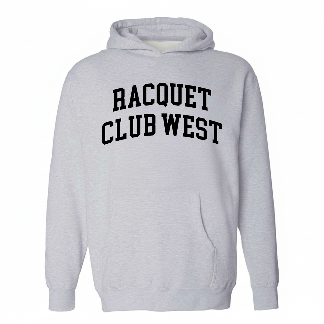 Heather-gray hoodie with the Racquet Club West varsity arched lettering design on the chest.