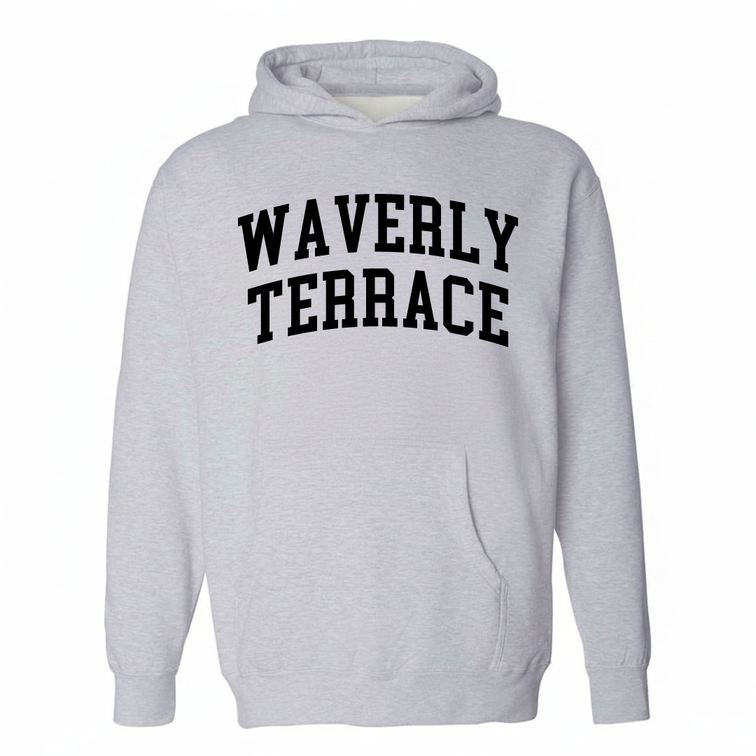 Heather-gray hoodie with the Waverly Terrace varsity arched lettering design on the chest.