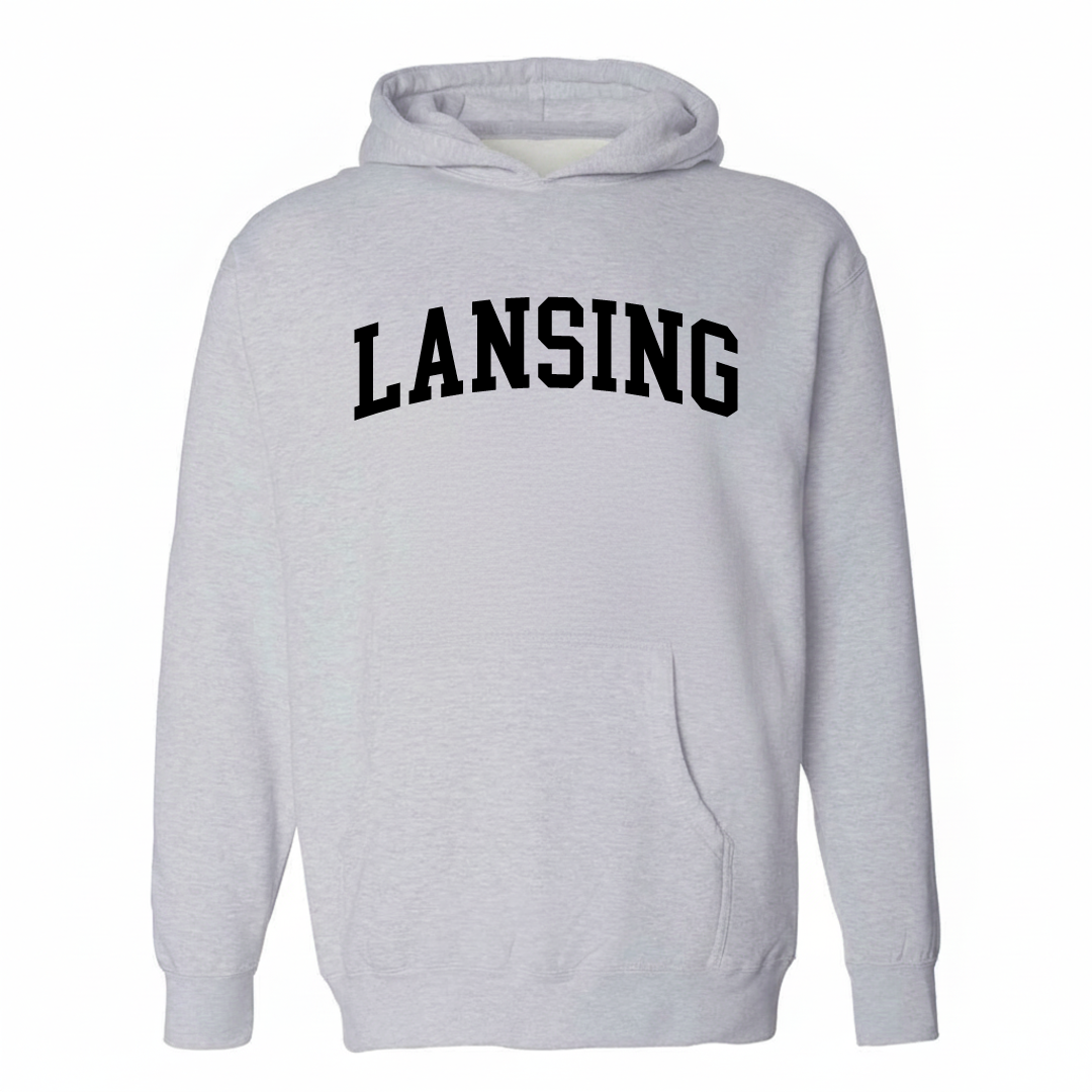 Heather-gray hoodie with the Lansing arched varsity lettering design on the chest.