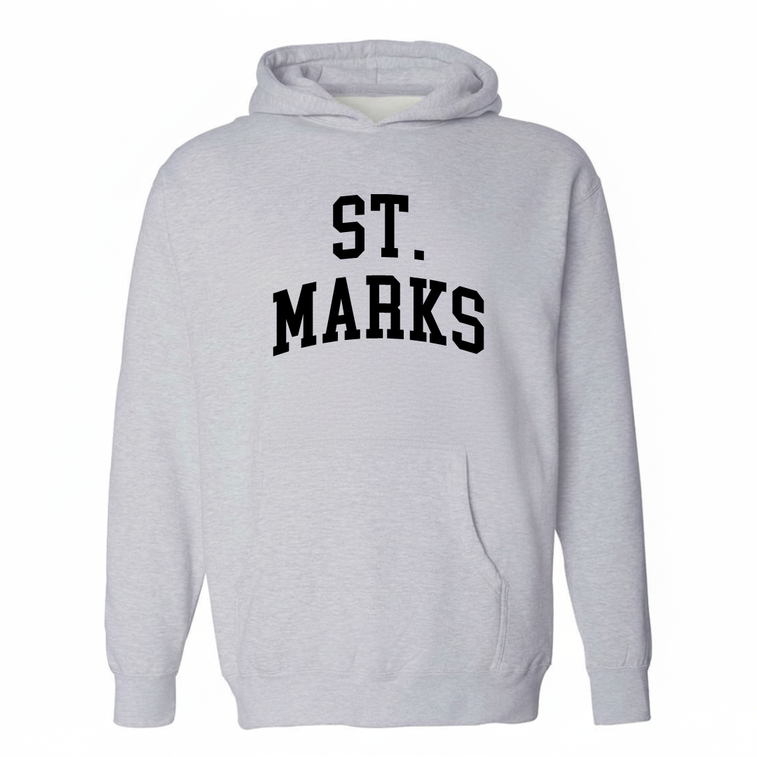 Heather-gray hoodie with the St. Marks varsity arched lettering design on the chest.