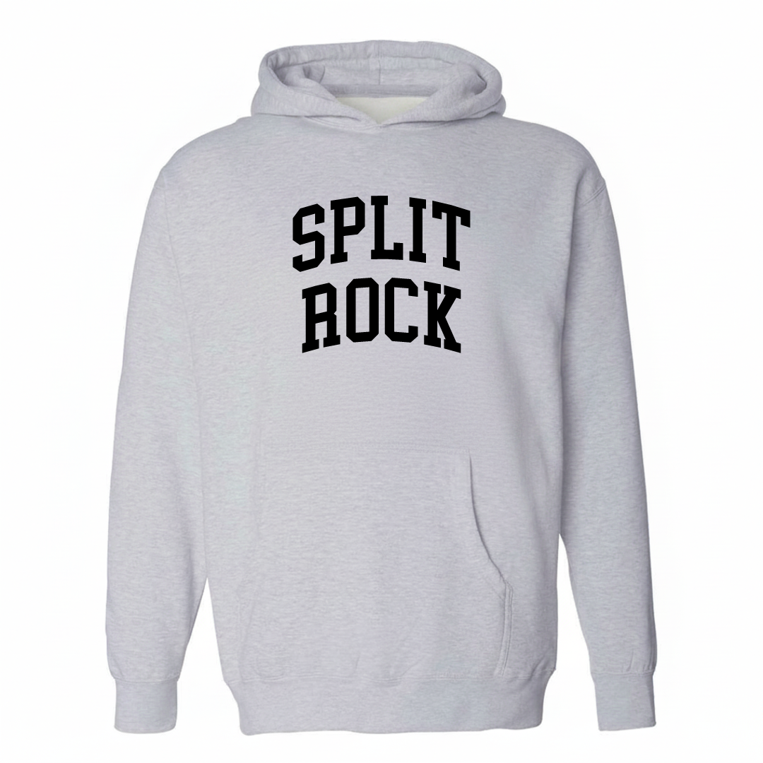 Heather-gray hoodie with the Split Rock arched lettering varsity-collegiate design on the chest.