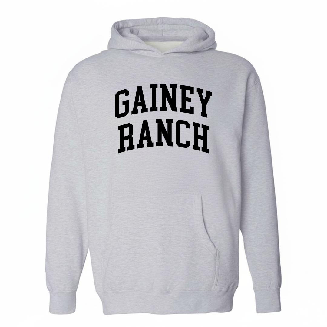 Heather-gray hoodie with the Gainey Ranch varsity arched lettering design on the chest.