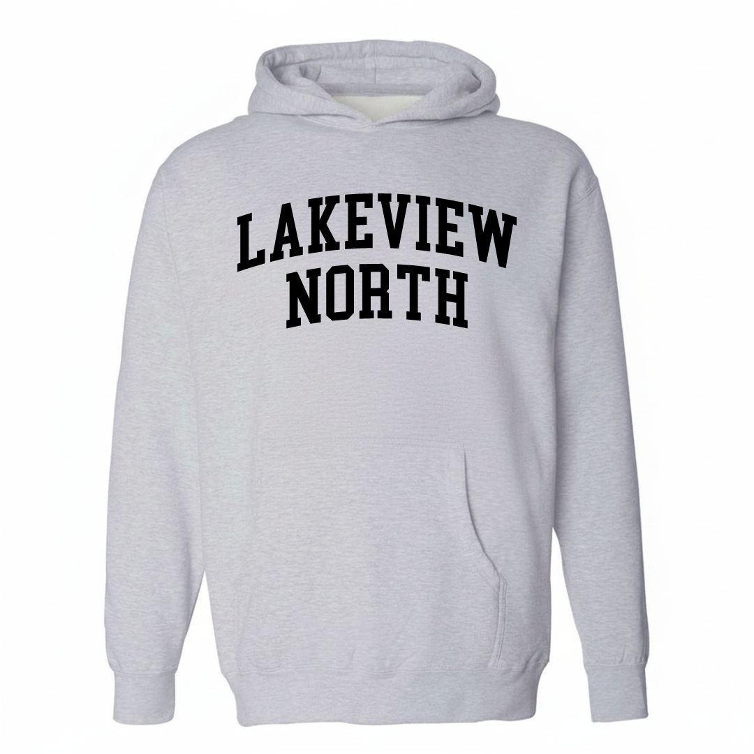 Heather-gray hoodie with the Lakeview North varsity arched lettering design on the chest.