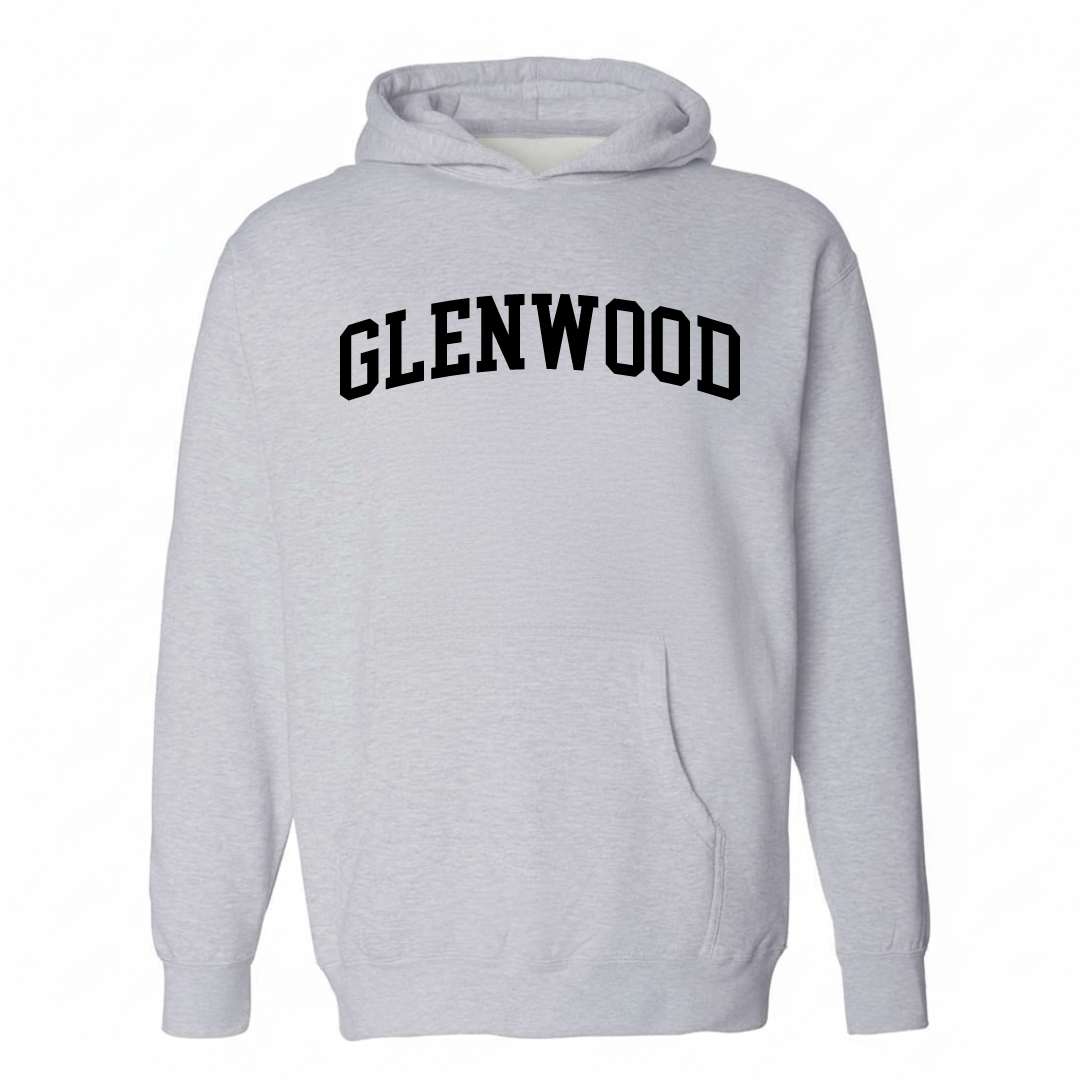 Heather-gray hoodie with the Glenwood varsity arched lettering design on the chest.
