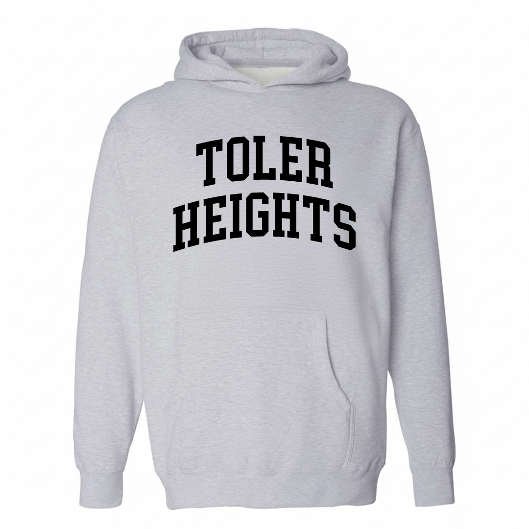 Heather-gray hoodie with the Toler Heights varsity arched lettering design on the chest.