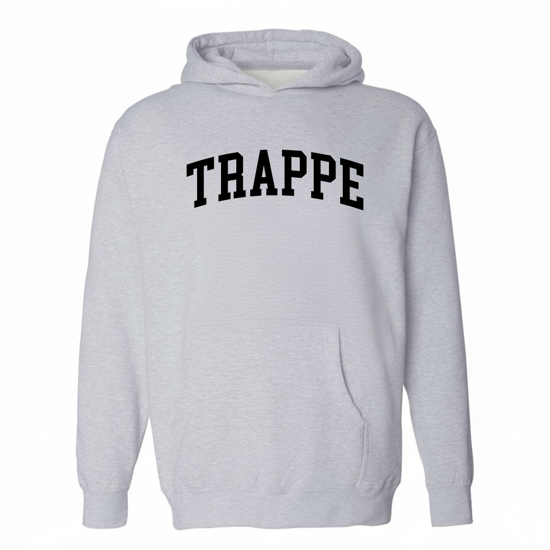 Heather-gray hoodie with the Trappe varsity arched lettering design on the chest.