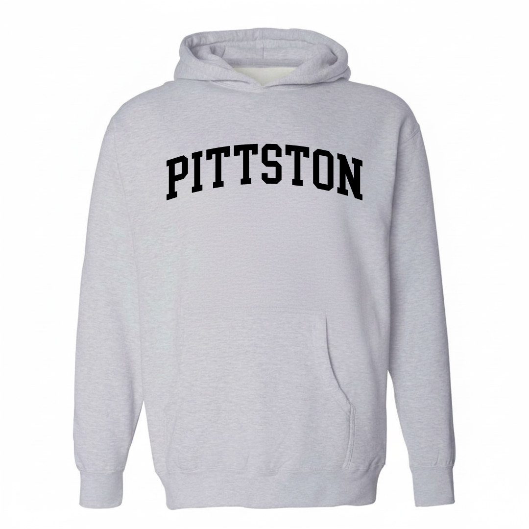 Heather-gray hoodie with the Pittston varsity arched lettering design on the chest.