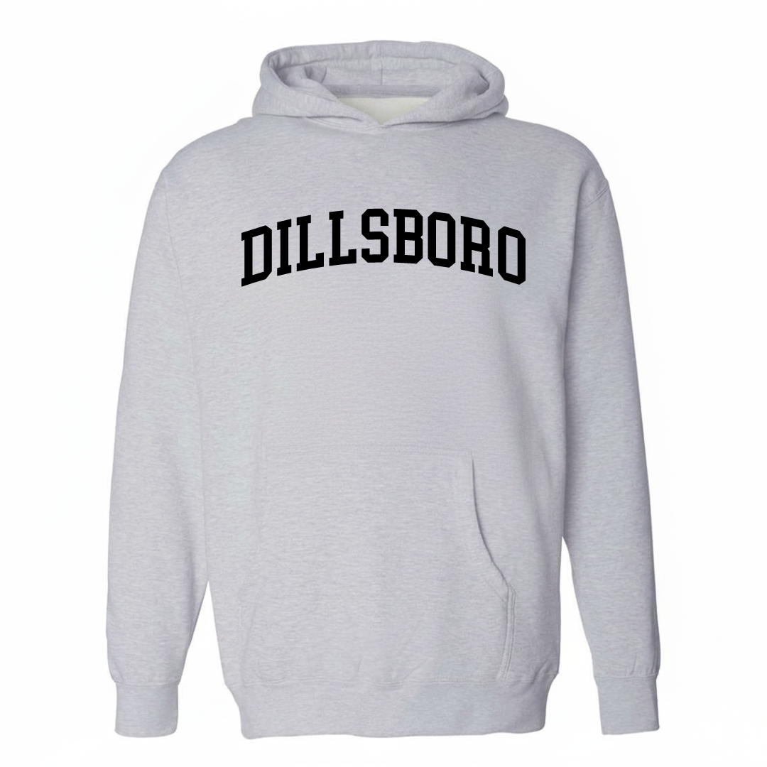 Heather-gray hoodie with the Dillsboro varsity arched lettering design on the chest.