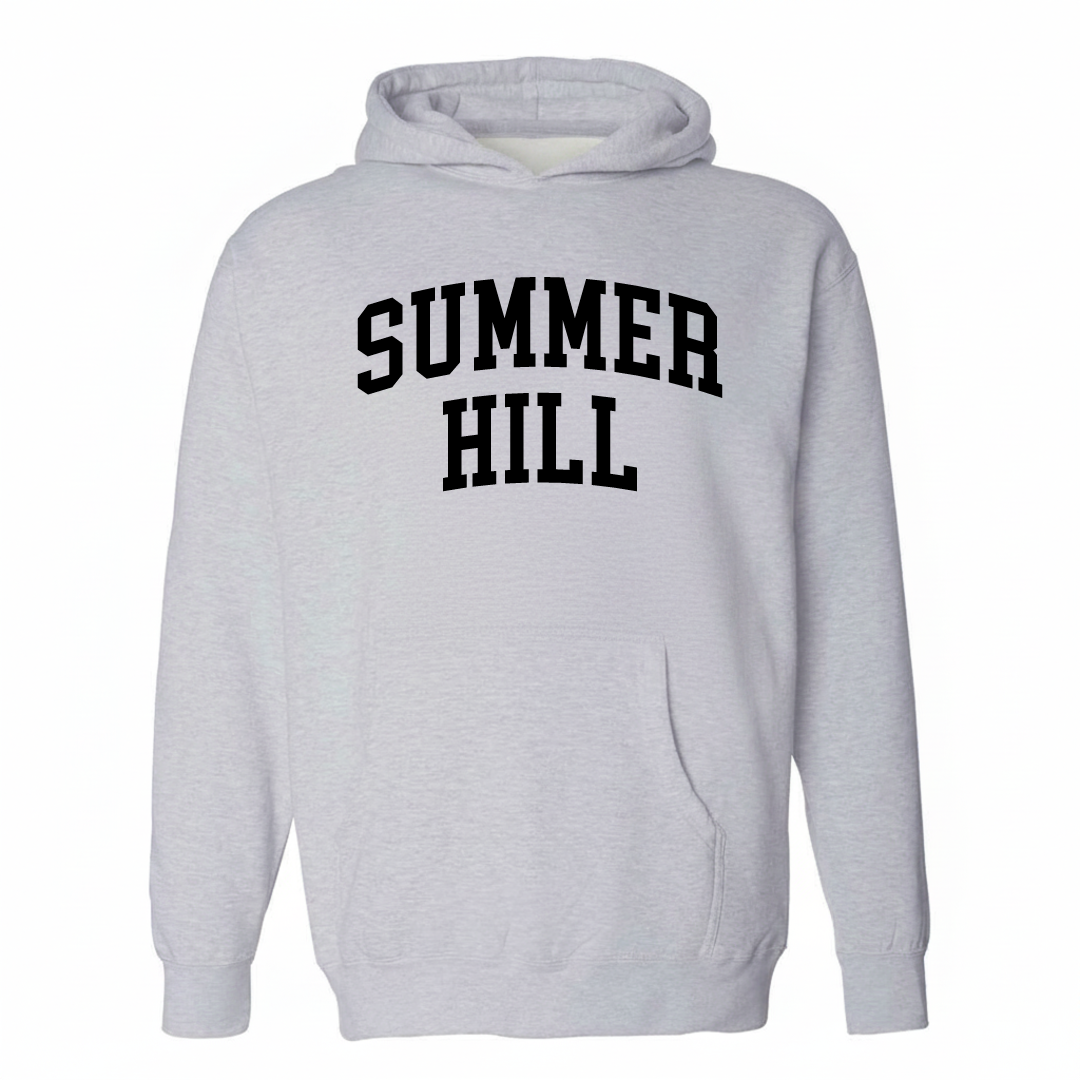 Heather-gray hoodie with the Summer Hill varsity arched lettering design on the chest.