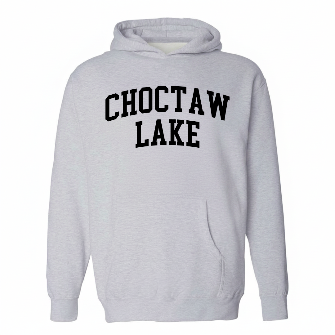 Heather-gray hoodie with the Choctaw Lake varsity arched lettering design on the chest.
