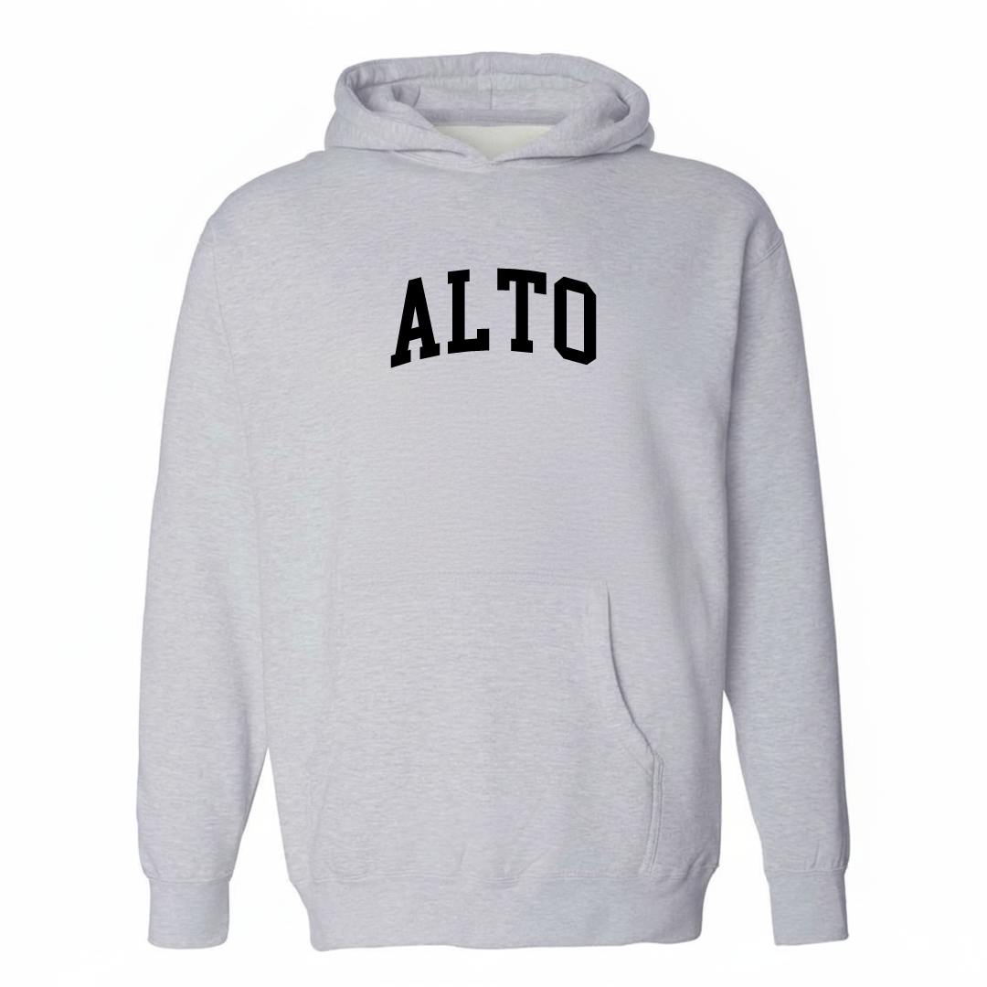 Heather-gray hoodie with the Alto, Georgia varsity arched lettering design on the chest.